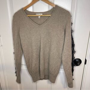 Neiman Marcus 100% Cashmere Tan Black Lace Minimalist Preppy Sweater Size Large